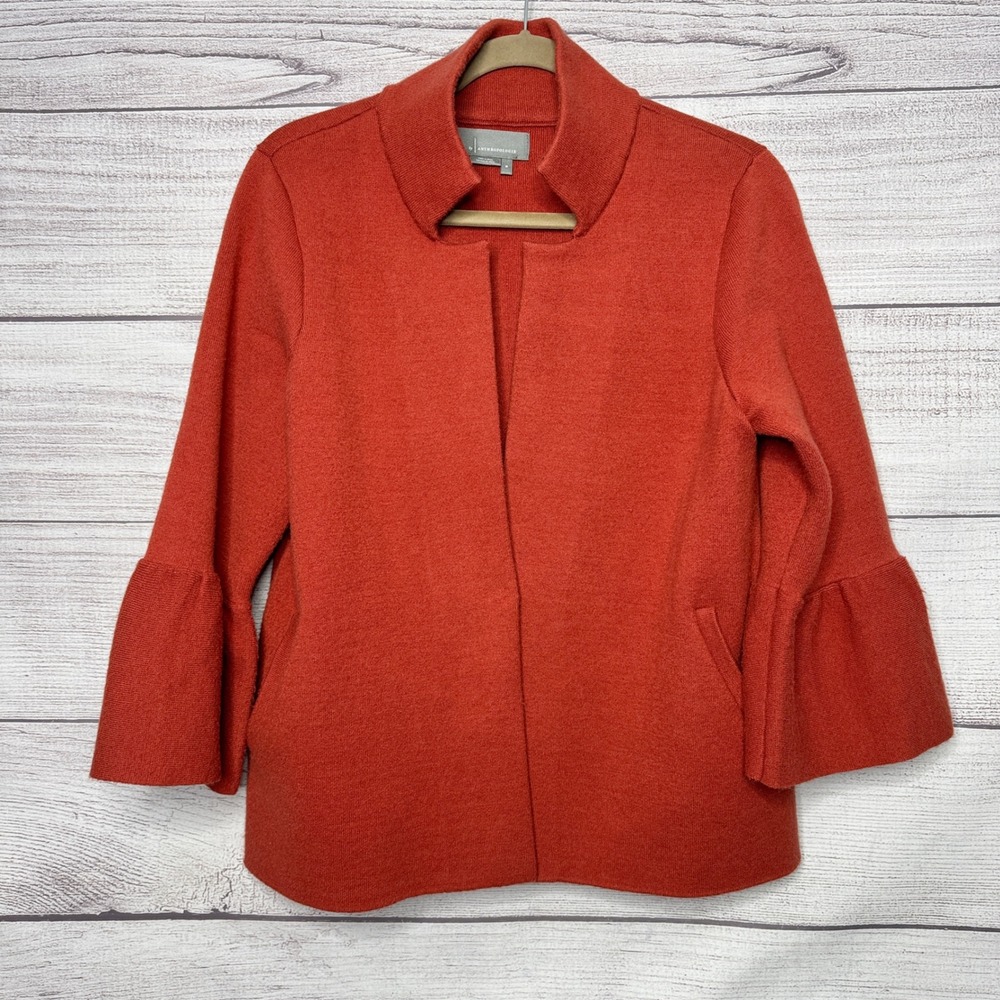 Anthropologie Orange Knit Open Front Bell Sleeve Jacket Viscose Blend Size‎ M